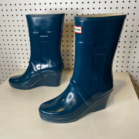 Hunter | Kellen Wedge Heel Rain Boot Dark Navy Teal Blue Sz. 7 - Picture 2 of 9